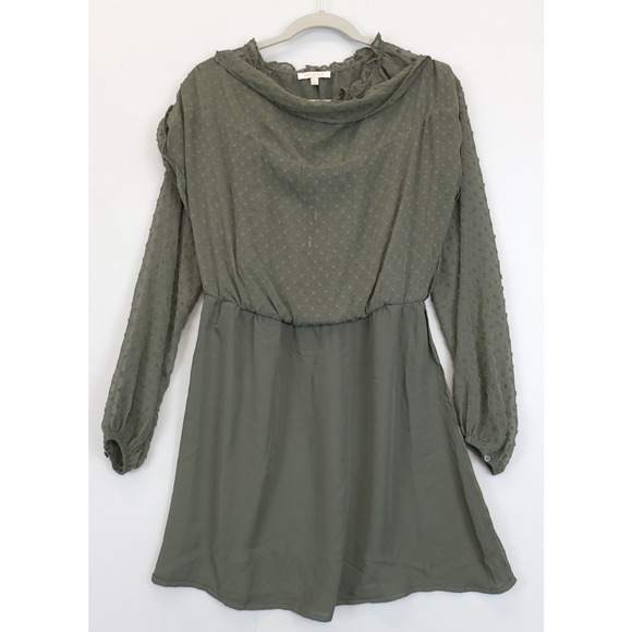 Skies Are Blue Short Dress Tired Ruffled Peasant Sleeve Smocked Women XS Olive‎ - Picture 3 of 12